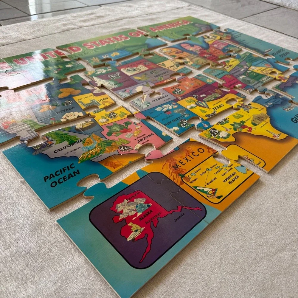 Vintage First Learning Wooden USA Map Floor Puzzle 26 Pcs 36x24 Complete OpenBox